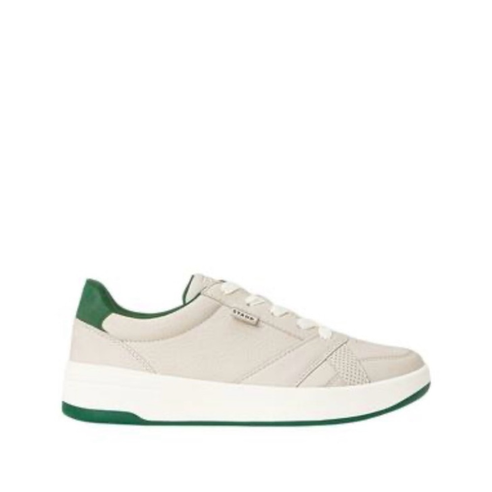 STAUD Cream Leather Low-Profile Sneakers with Green Heel